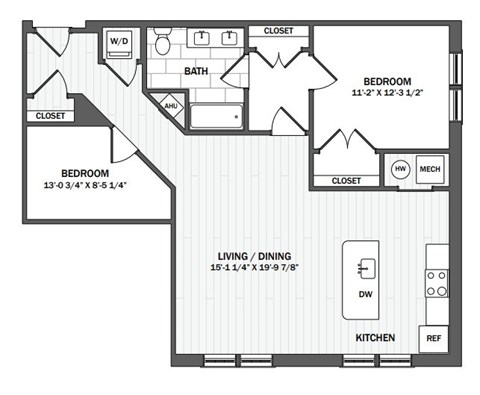 Floor plan for 2 beds, 2 baths, 1026 sqft